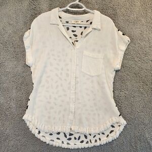 Umgee Top Size Small White Linen Blend Front Polyester Polka Dots On Back Fringe